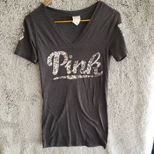 Used Sz XS VS PINK Sequin Logo T-Shirt V-Neck